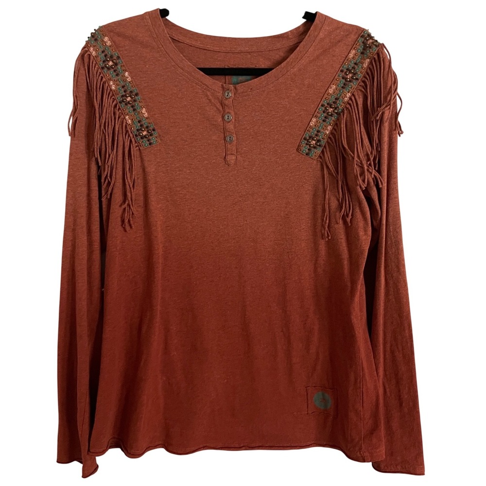 Double D Ranch Henley Top Women Medium Rust Beaded Fringe Western Boho Ombre